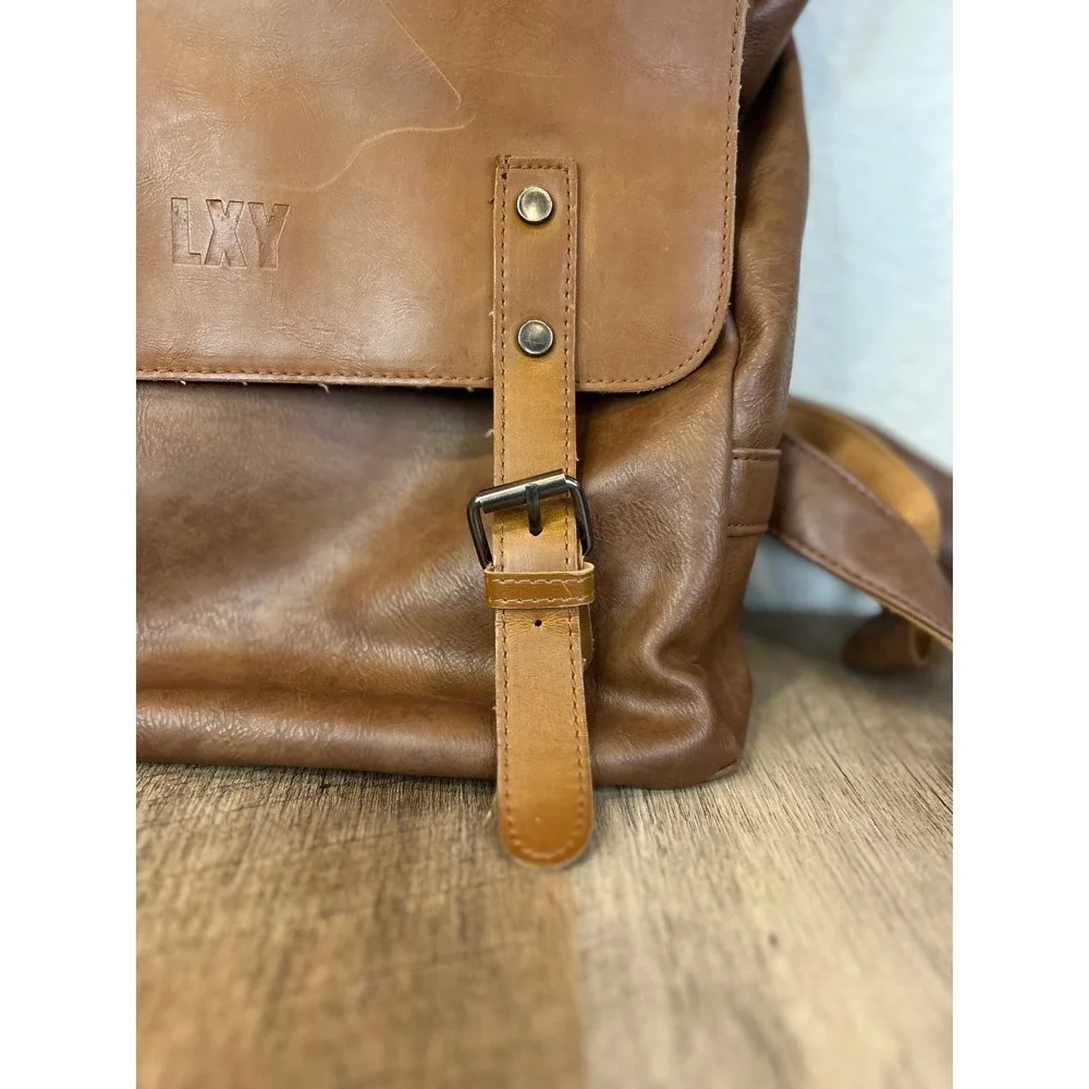 LXY Brown Faux Leather Flap Buckle Backpack Casual Everyday Travel School